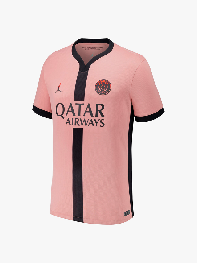 Maillot Third PSG 2024/2025 rose poudré, bande noire, collaboration Jordan - Maxikits